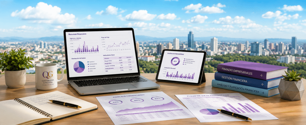 Imagen sobre qué son las finanzas empresariales, con herramientas digitales e indicadores financieros para analizar recursos, rentabilidad y planificación empresarial.
