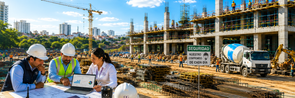 Asesora contable revisando información con profesionales de una obra para la gestión laboral de una empresa constructora